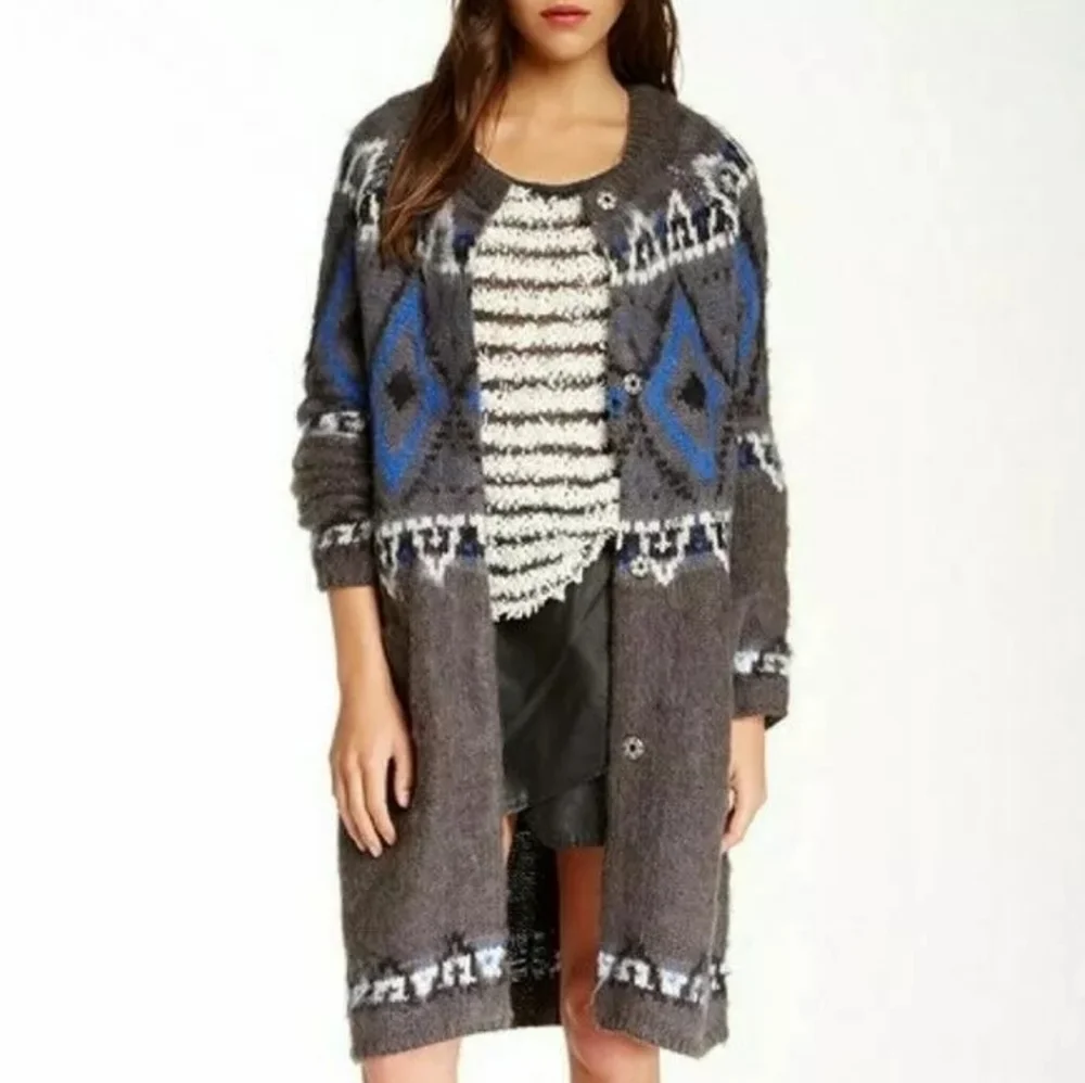Free People Frosted Fair Isle Gray‎ Blue Cardigan Sweater